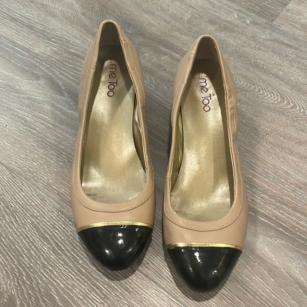 Tan and Black Wedge Pumps